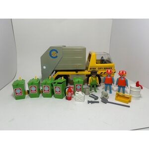Vintage Playmobil 3780 City Service Garbage Truck Set with 3 Figures & 5 Bins
